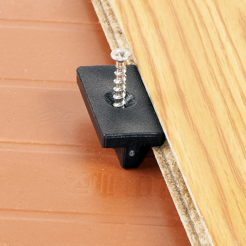 A set of 100 black composite decking hidden fixing fasteners, including T clips and screws, designed for seamless deck installation.