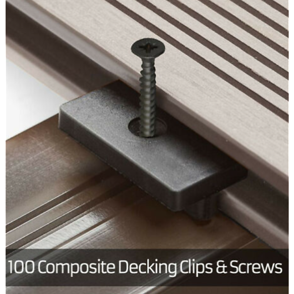 A set of 100 black composite decking hidden fixing fasteners, including T clips and screws, designed for seamless deck installation.