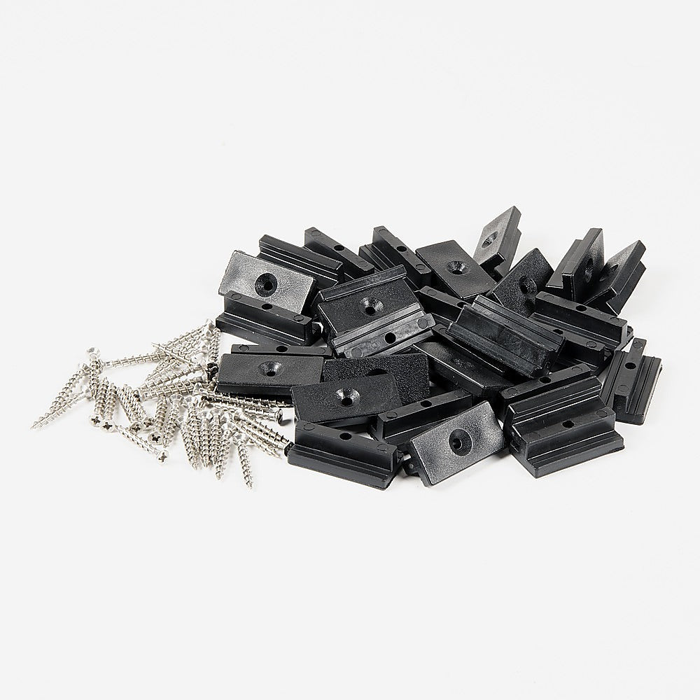 A set of 100 black composite decking hidden fixing fasteners, including T clips and screws, designed for seamless deck installation.