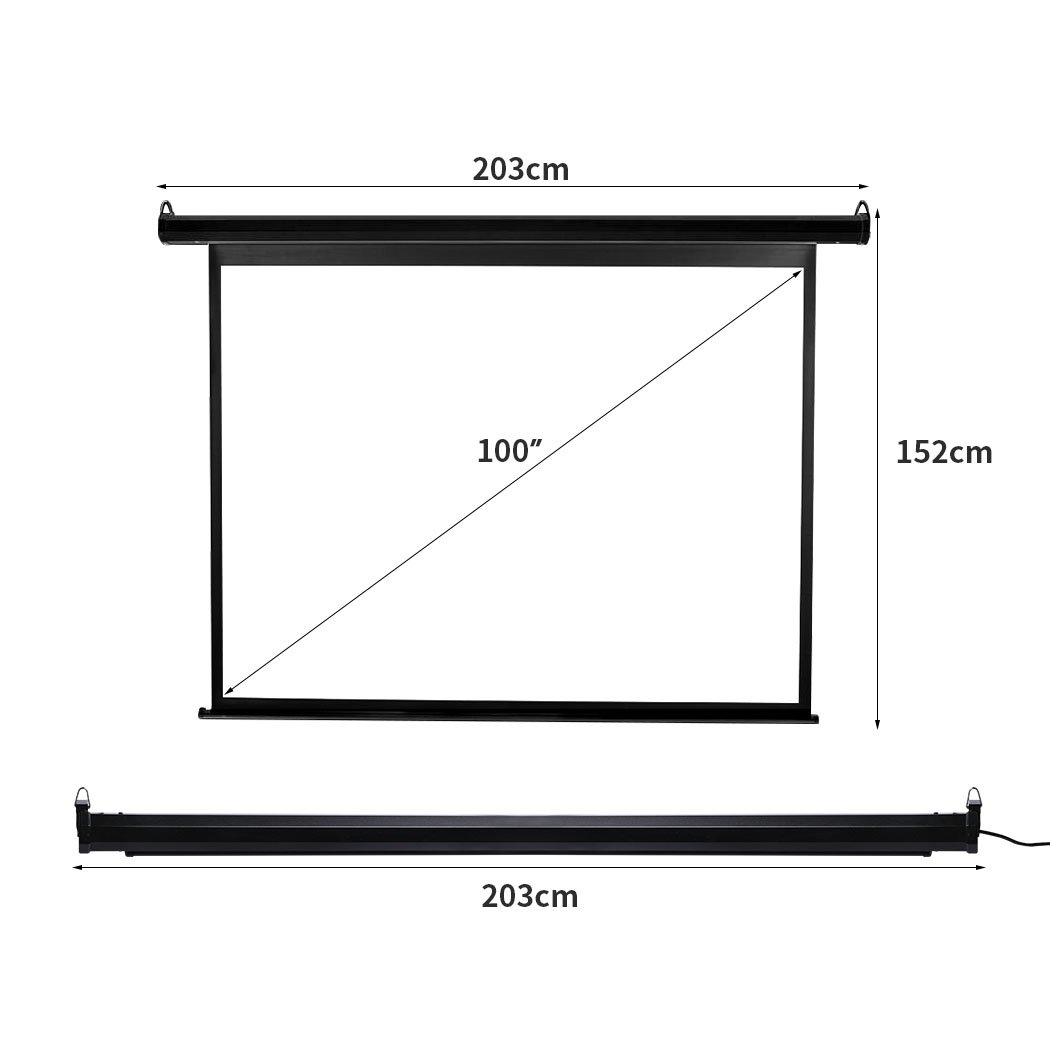 100 inch electric motorised projector screen, retractable and portable, ideal for home entertainment and professional presentations.