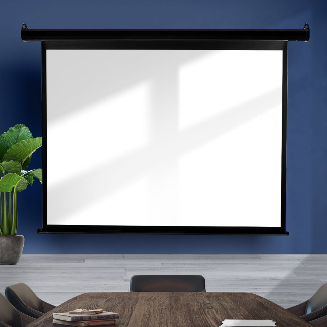 100 inch electric motorised projector screen, retractable and portable, ideal for home entertainment and professional presentations.