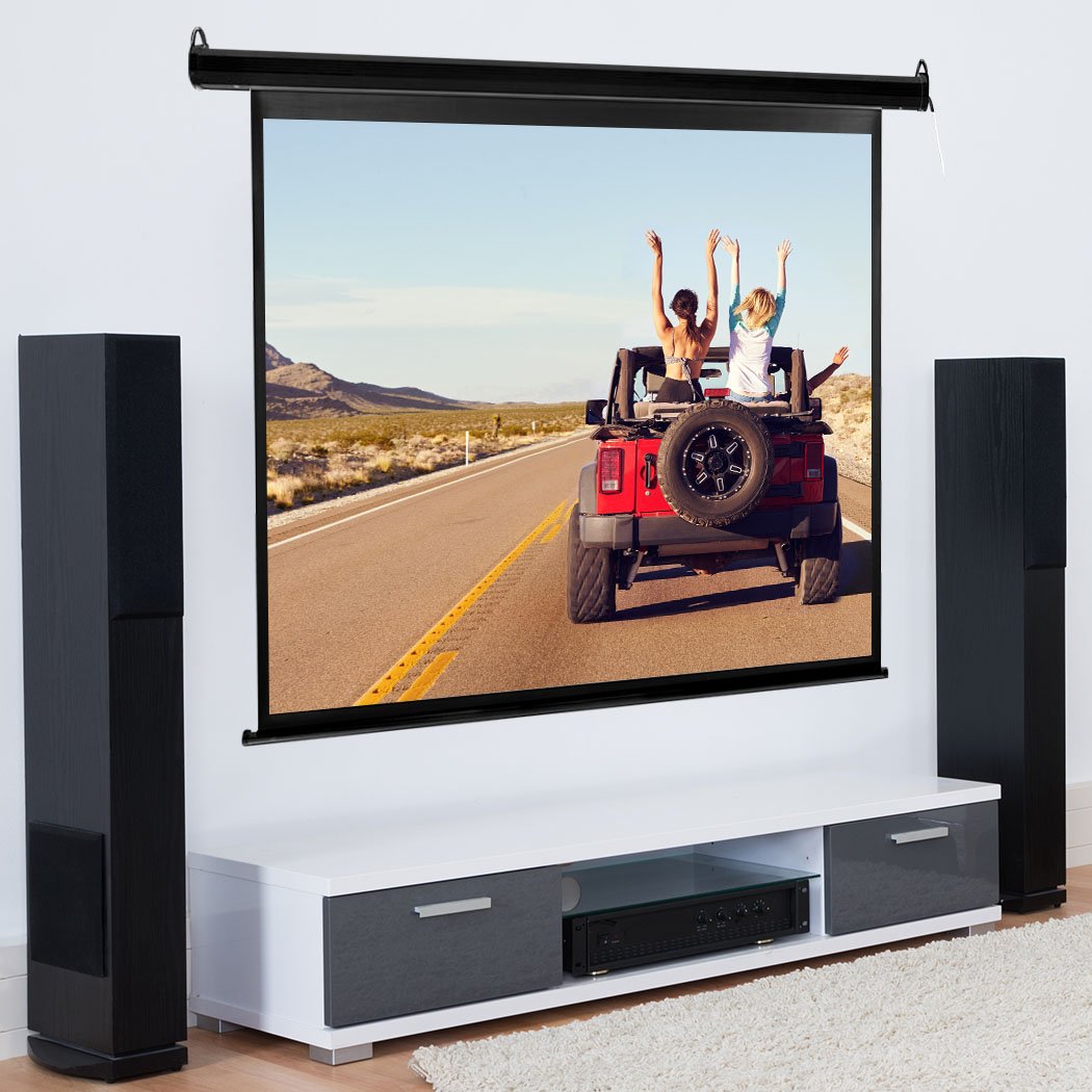 100 inch electric motorised projector screen, retractable and portable, ideal for home entertainment and professional presentations.