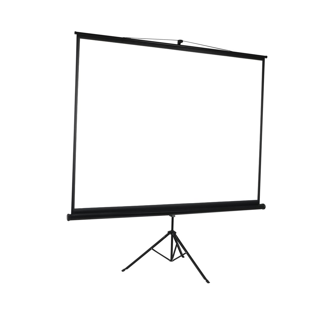 100 Inch Projector Screen with Tripod Stand set up outdoors, showcasing a clear image with black masking borders.