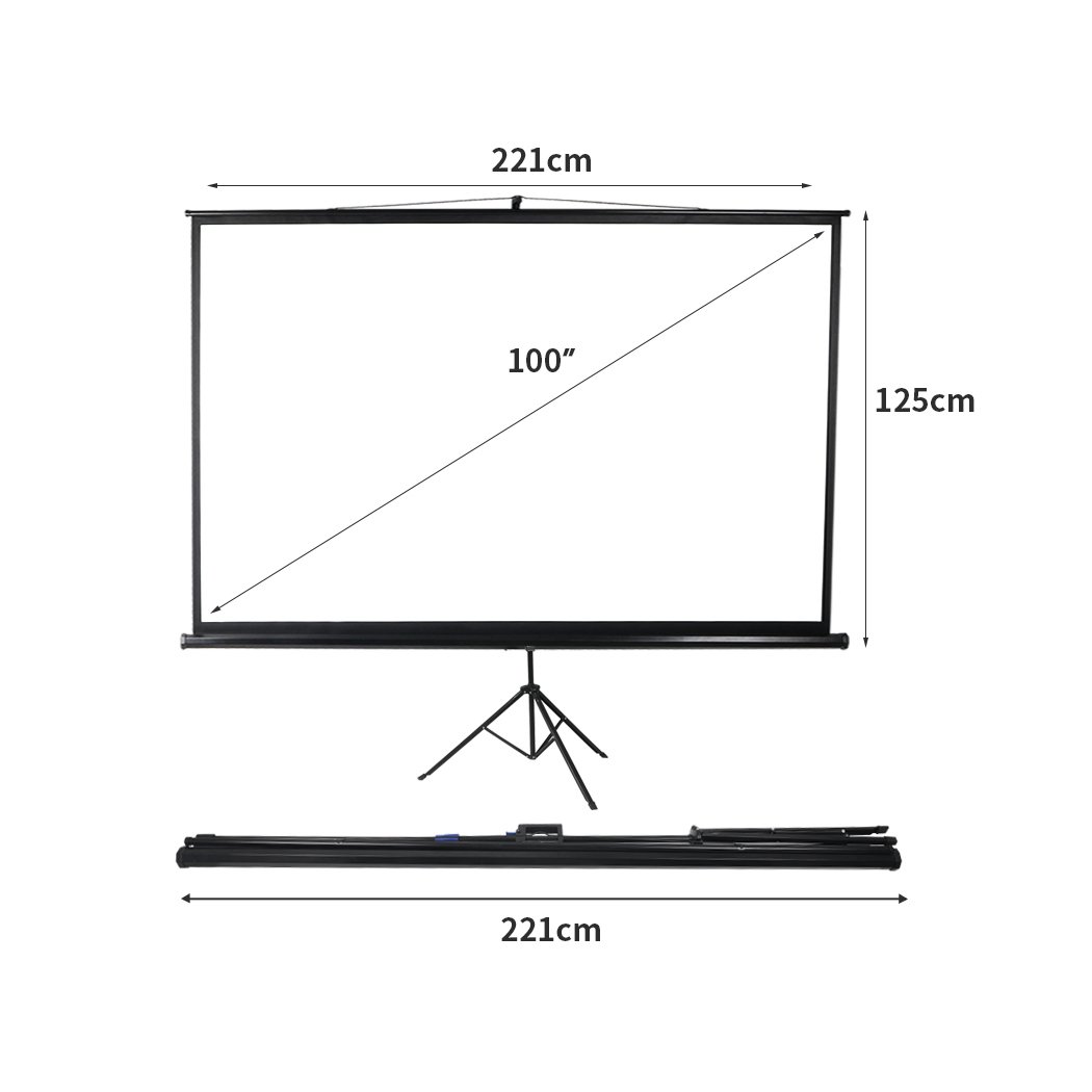 100 Inch Projector Screen with Tripod Stand set up outdoors, showcasing a clear image with black masking borders.