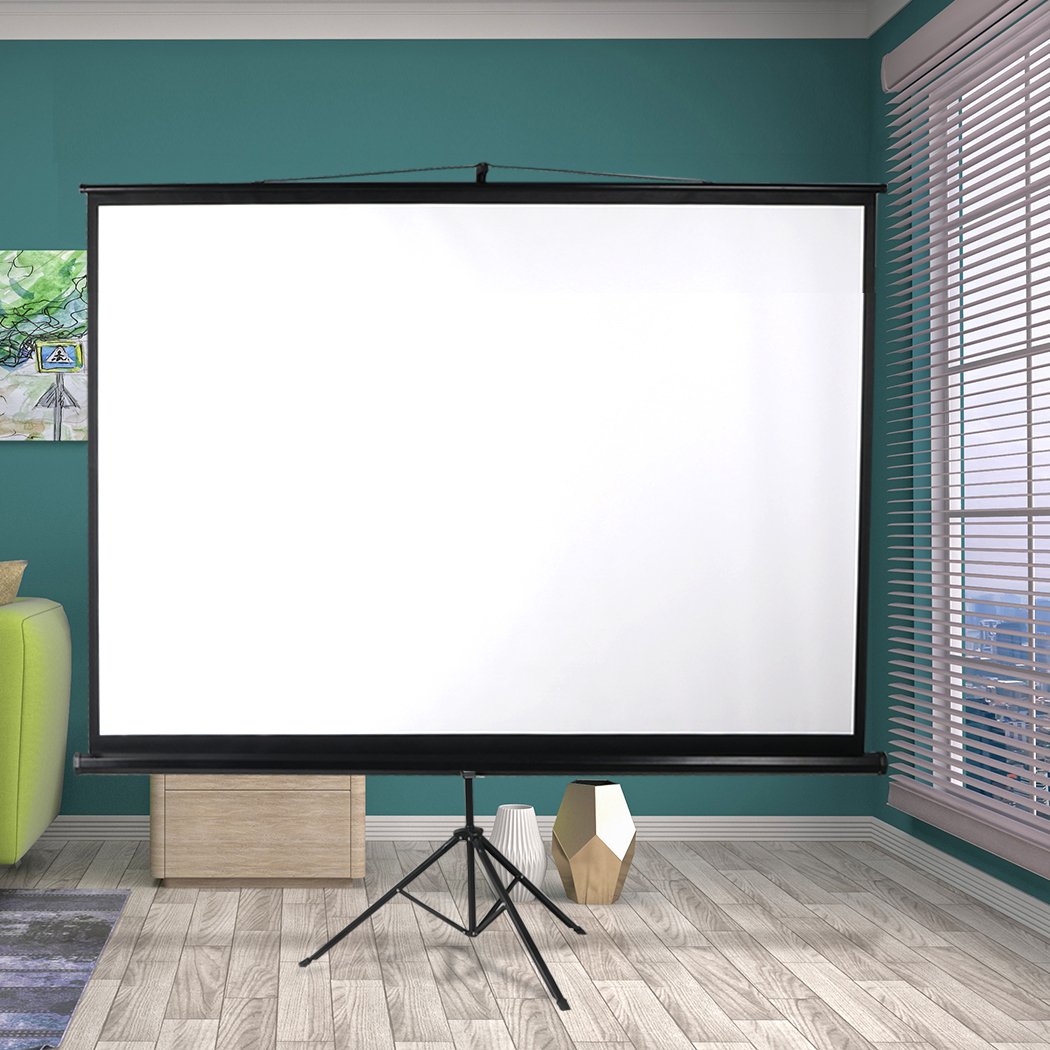 100 Inch Projector Screen with Tripod Stand set up outdoors, showcasing a clear image with black masking borders.