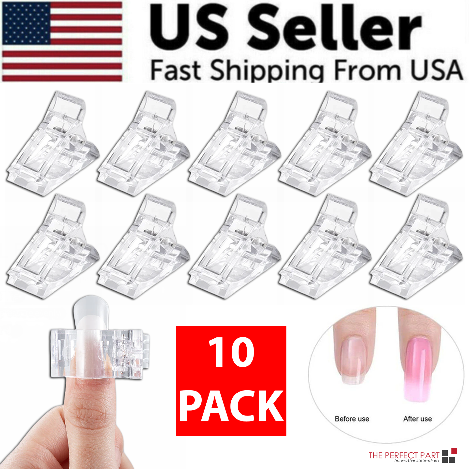 A set of 10 transparent acrylic nail tips clips designed for quick building of poly builder gel extensions, showcasing ergonomic design and sturdy construction.
