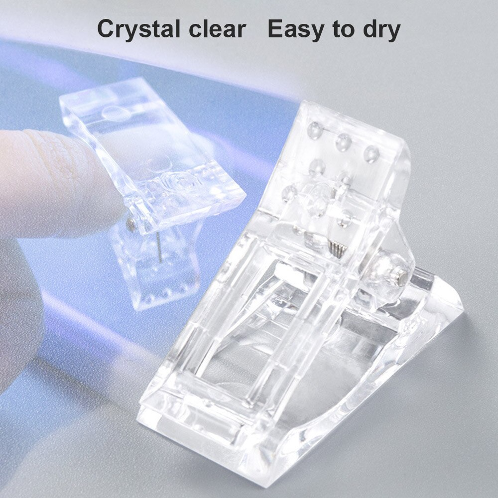 A set of 10 transparent acrylic nail tips clips designed for quick building of poly builder gel extensions, showcasing ergonomic design and sturdy construction.