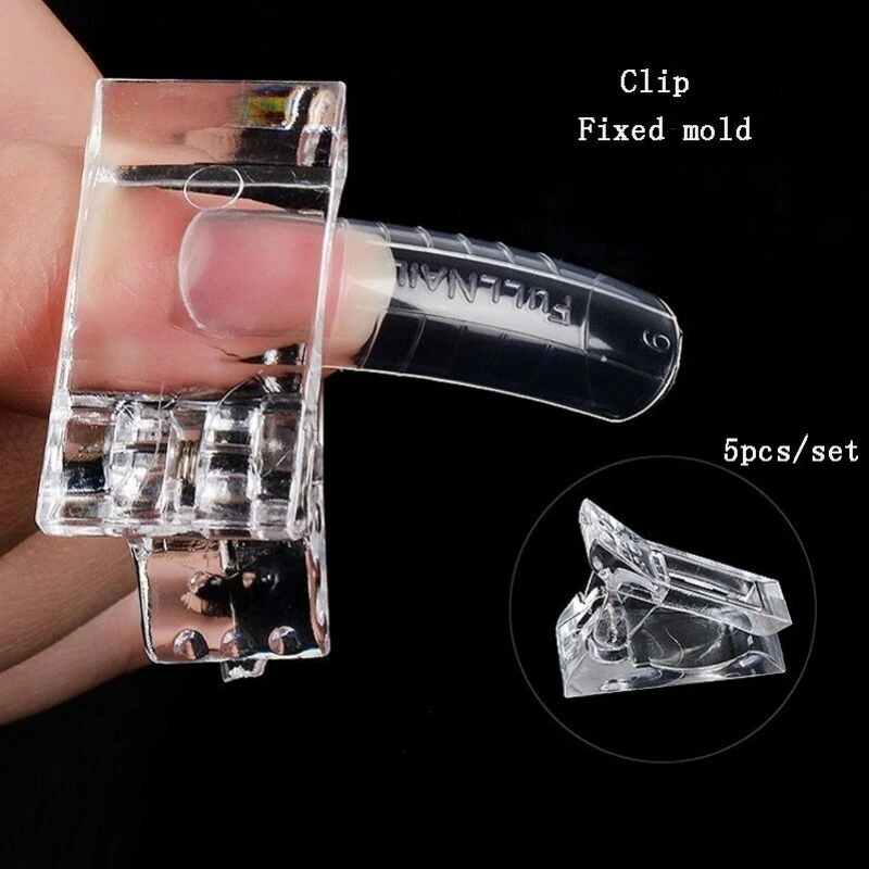 A set of 10 transparent acrylic nail tips clips designed for quick building of poly builder gel extensions, showcasing ergonomic design and sturdy construction.