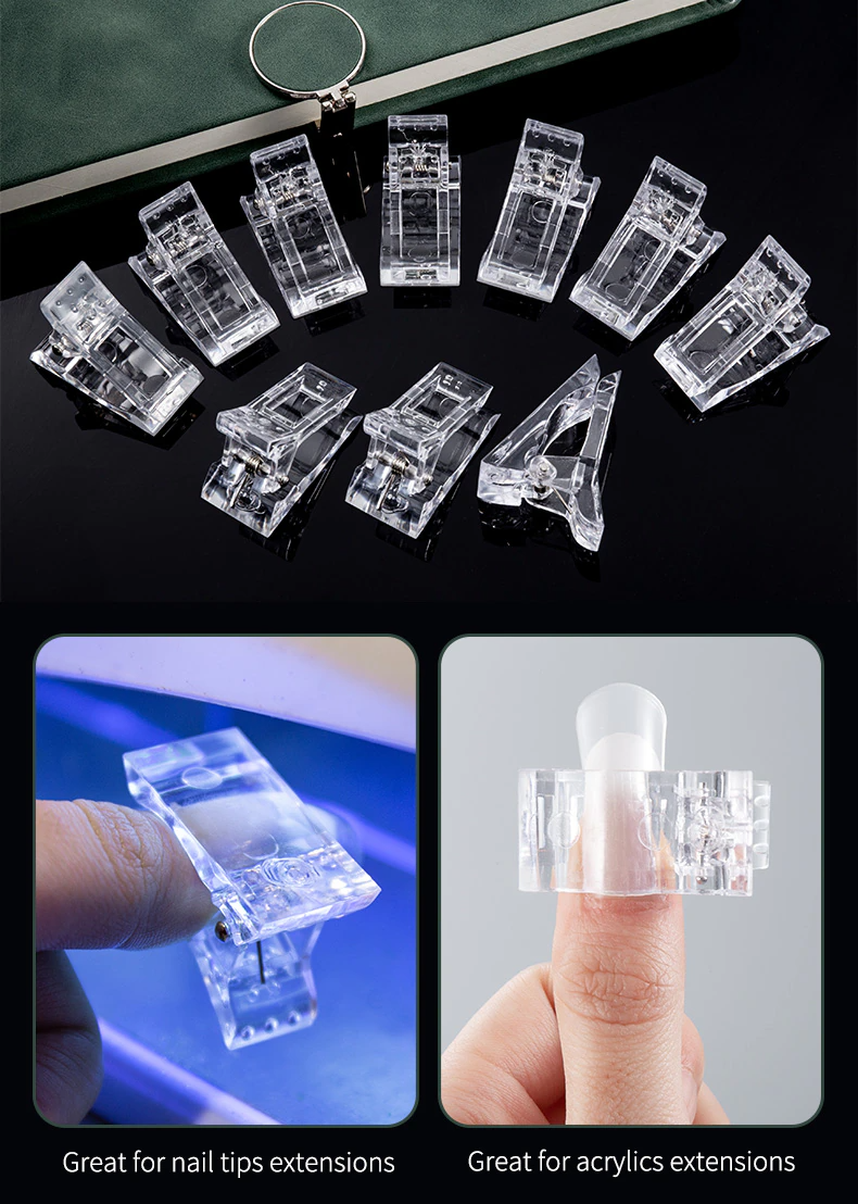A set of 10 transparent acrylic nail tips clips designed for quick building of poly builder gel extensions, showcasing ergonomic design and sturdy construction.