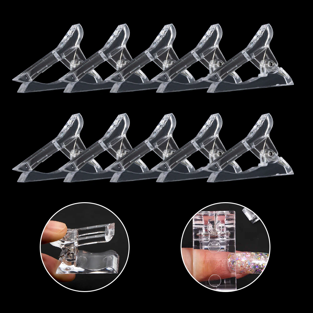 A set of 10 transparent acrylic nail tips clips designed for quick building of poly builder gel extensions, showcasing ergonomic design and sturdy construction.