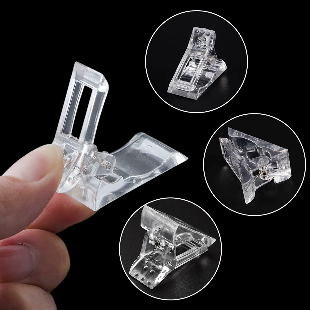 A set of 10 transparent acrylic nail tips clips designed for quick building of poly builder gel extensions, showcasing ergonomic design and sturdy construction.