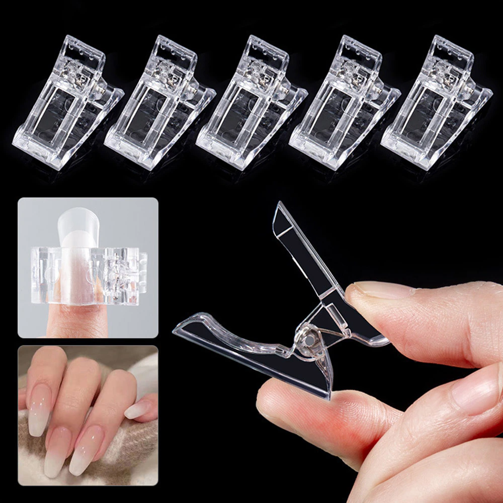 A set of 10 transparent acrylic nail tips clips designed for quick building of poly builder gel extensions, showcasing ergonomic design and sturdy construction.