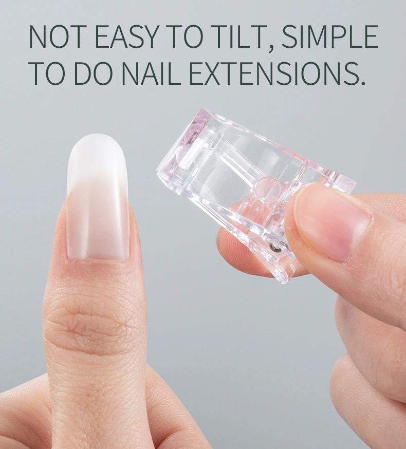 A set of 10 transparent acrylic nail tips clips designed for quick building of poly builder gel extensions, showcasing ergonomic design and sturdy construction.