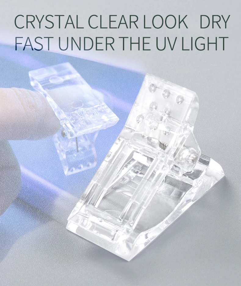 A set of 10 transparent acrylic nail tips clips designed for quick building of poly builder gel extensions, showcasing ergonomic design and sturdy construction.