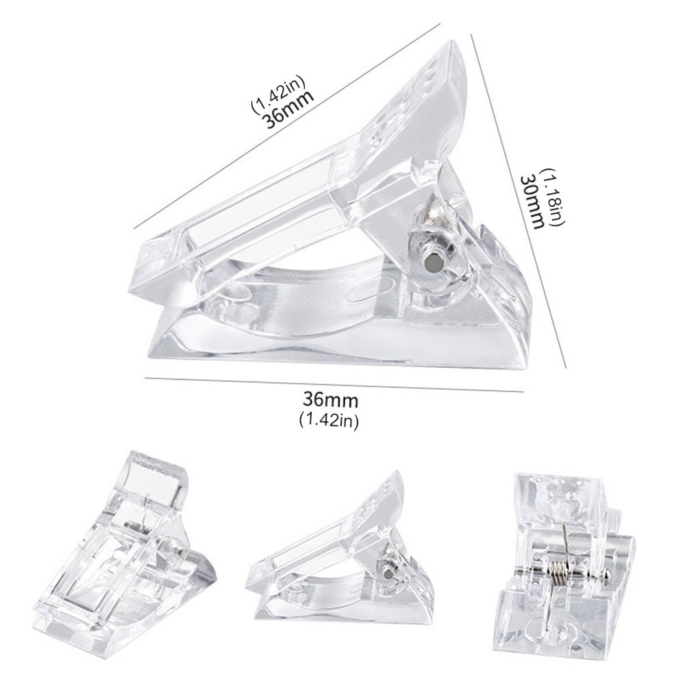A set of 10 transparent acrylic nail tips clips designed for quick building of poly builder gel extensions, showcasing ergonomic design and sturdy construction.