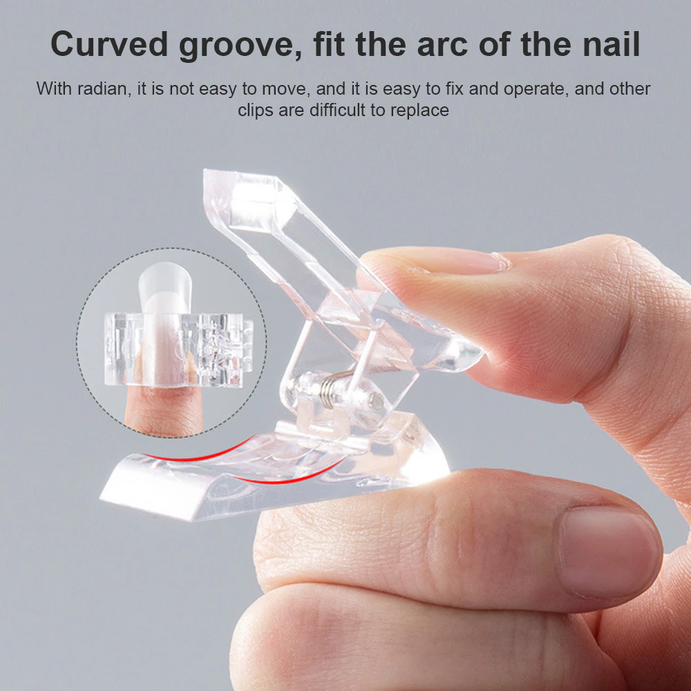 A set of 10 transparent acrylic nail tips clips designed for quick building of poly builder gel extensions, showcasing ergonomic design and sturdy construction.
