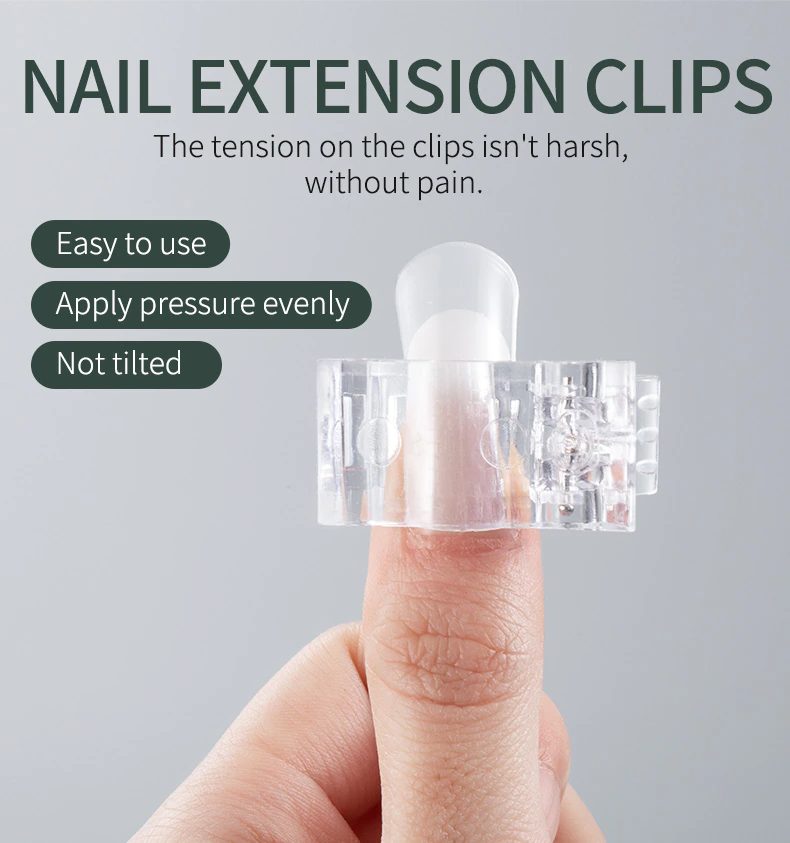 A set of 10 transparent acrylic nail tips clips designed for quick building of poly builder gel extensions, showcasing ergonomic design and sturdy construction.