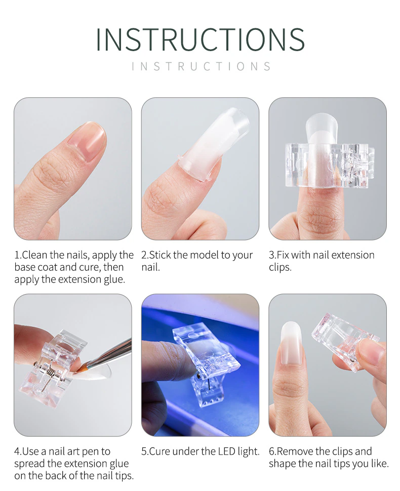 A set of 10 transparent acrylic nail tips clips designed for quick building of poly builder gel extensions, showcasing ergonomic design and sturdy construction.