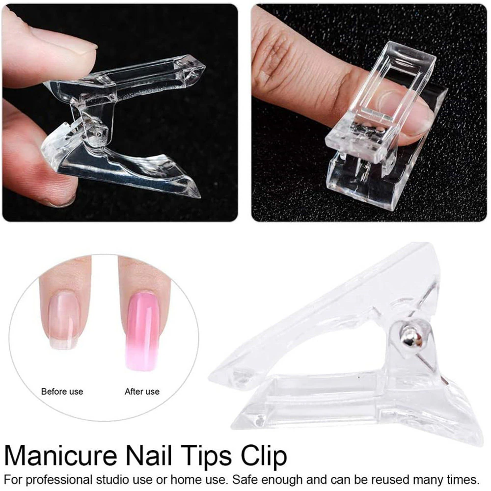 A set of 10 transparent acrylic nail tips clips designed for quick building of poly builder gel extensions, showcasing ergonomic design and sturdy construction.