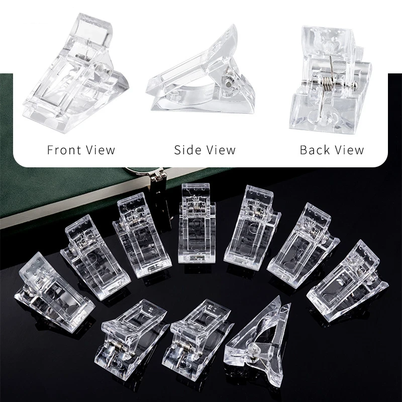 A set of 10 transparent acrylic nail tips clips designed for quick building of poly builder gel extensions, showcasing ergonomic design and sturdy construction.