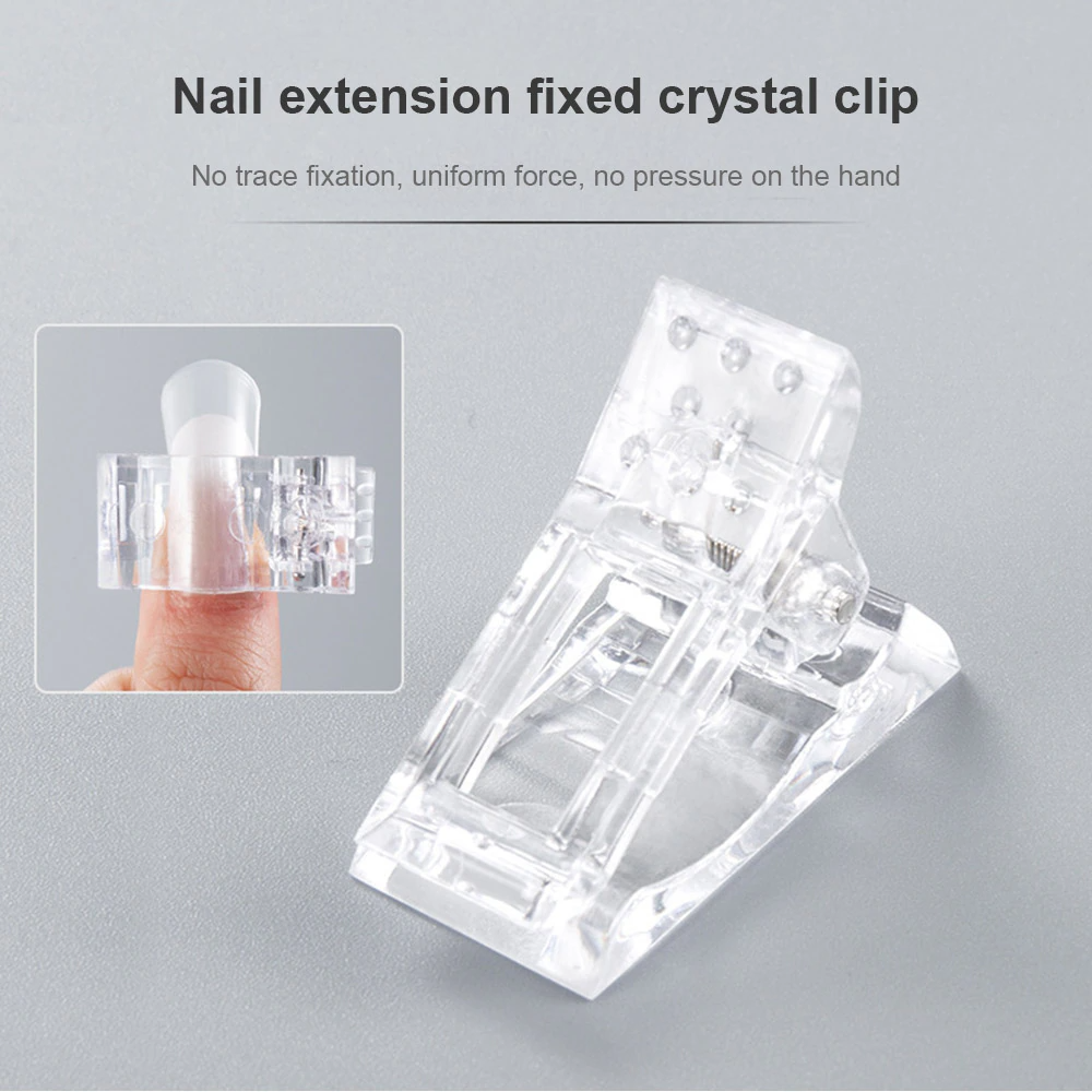 A set of 10 transparent acrylic nail tips clips designed for quick building of poly builder gel extensions, showcasing ergonomic design and sturdy construction.