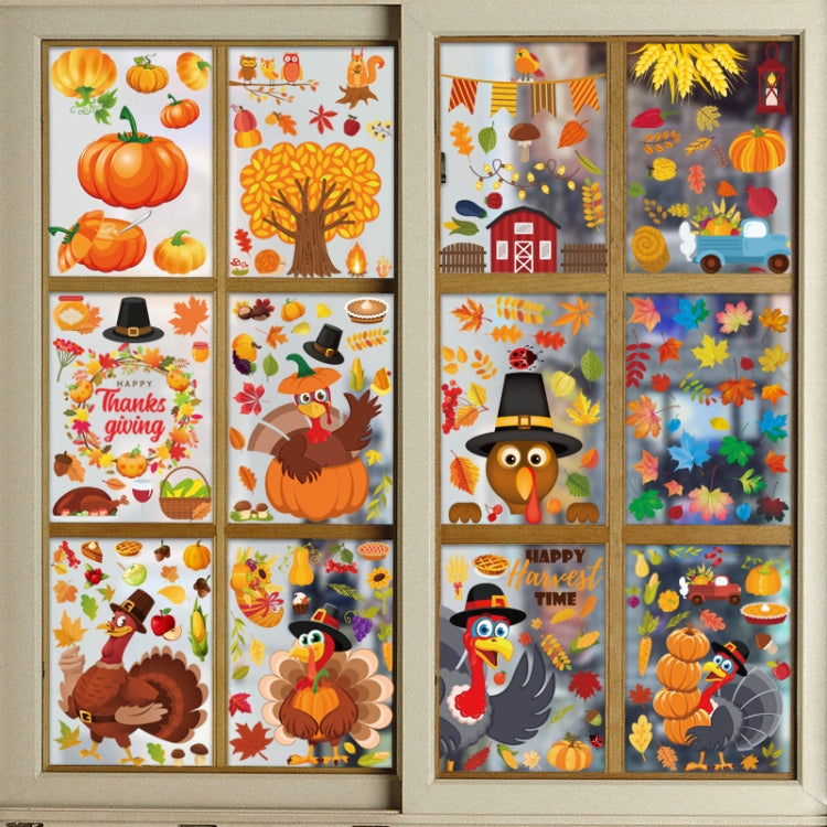A set of 10 Thanksgiving turkey static stickers designed for glass windows, featuring colorful turkey designs perfect for holiday decoration.
