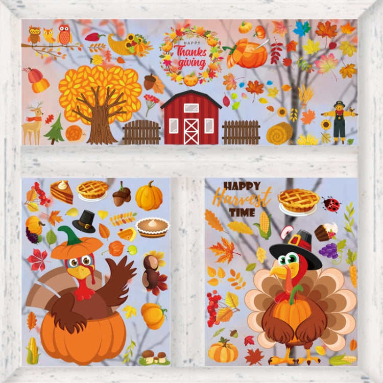 A set of 10 Thanksgiving turkey static stickers designed for glass windows, featuring colorful turkey designs perfect for holiday decoration.