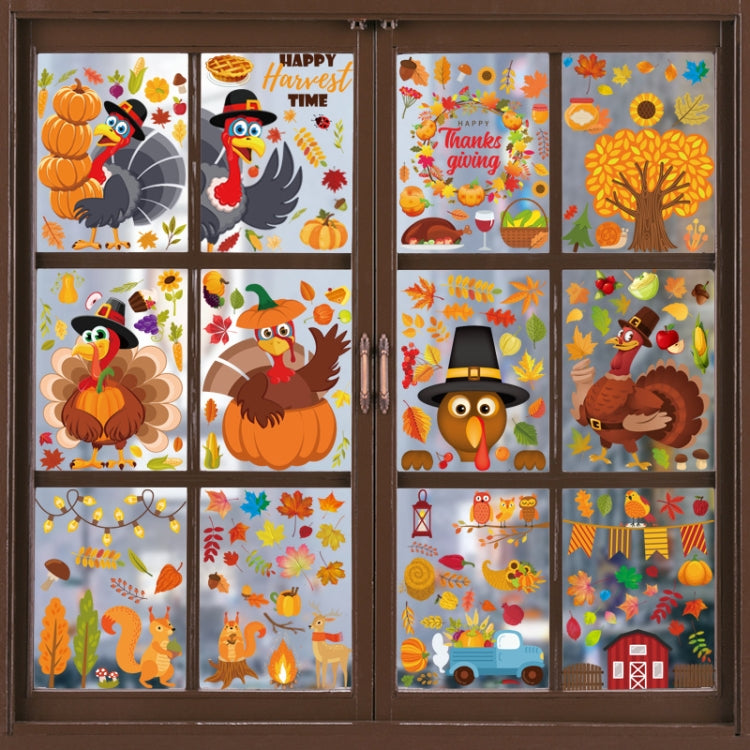 A set of 10 Thanksgiving turkey static stickers designed for glass windows, featuring colorful turkey designs perfect for holiday decoration.