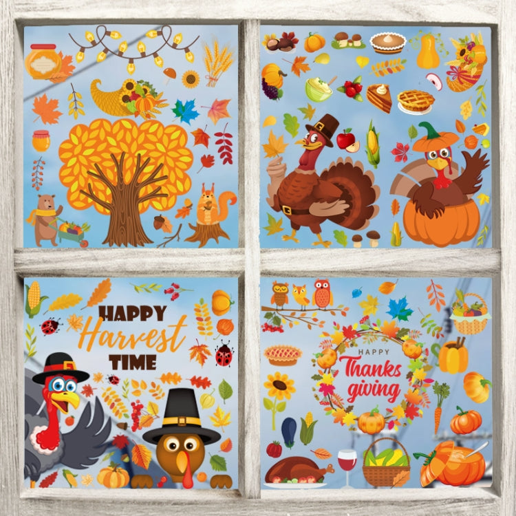 A set of 10 Thanksgiving turkey static stickers designed for glass windows, featuring colorful turkey designs perfect for holiday decoration.