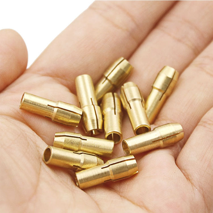 10 PCS Three-claw Copper Clamp Nuts for Electric Mill Fittings, showcasing their durable design and varied inner hole diameters.