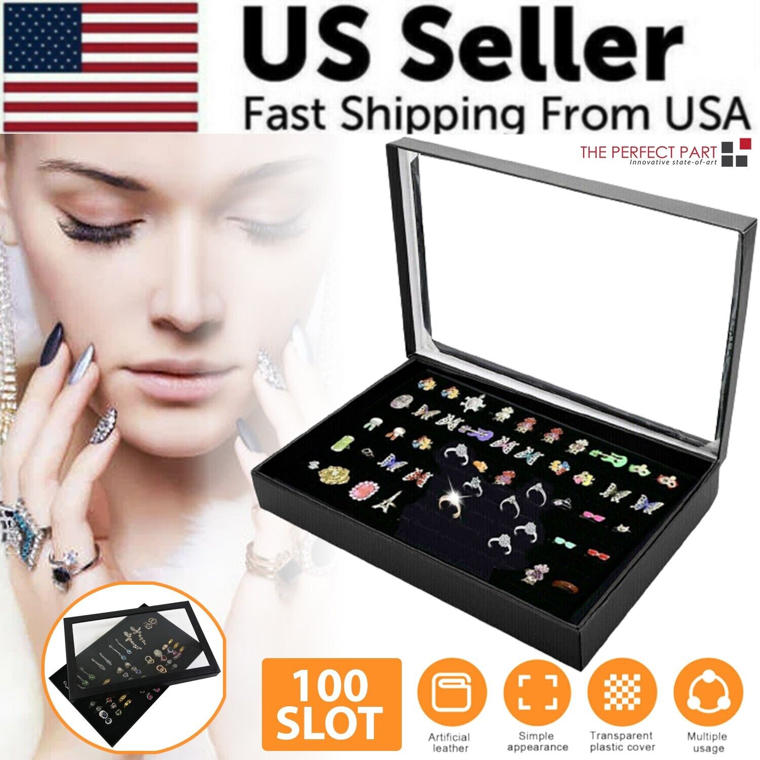 100 Slots Jewelry Ring Display Organizer Tray with transparent cover, showcasing rings and earrings in an elegant black design.