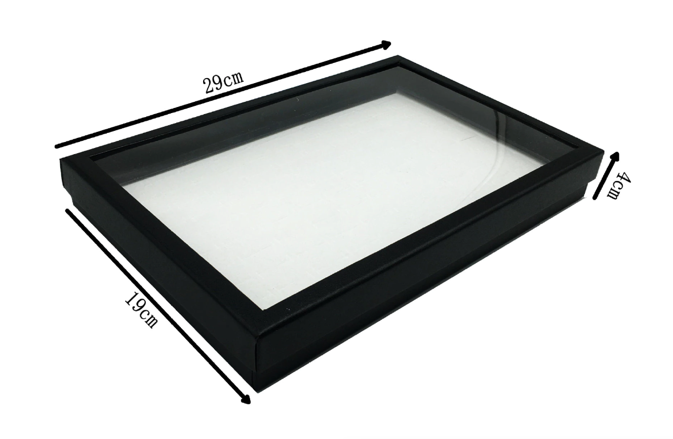 100 Slots Jewelry Ring Display Organizer Tray with transparent cover, showcasing rings and earrings in an elegant black design.