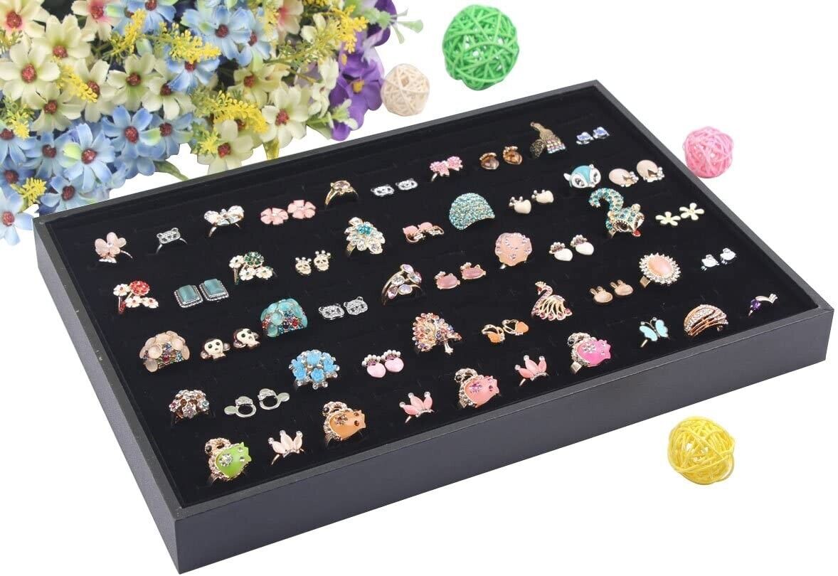 100 Slots Jewelry Ring Display Organizer Tray with transparent cover, showcasing rings and earrings in an elegant black design.