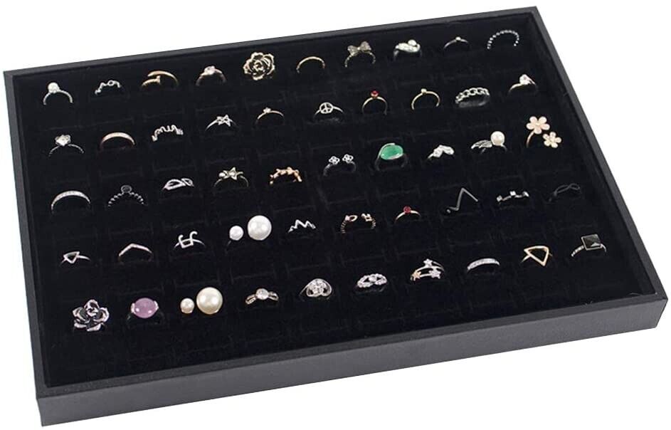 100 Slots Jewelry Ring Display Organizer Tray with transparent cover, showcasing rings and earrings in an elegant black design.