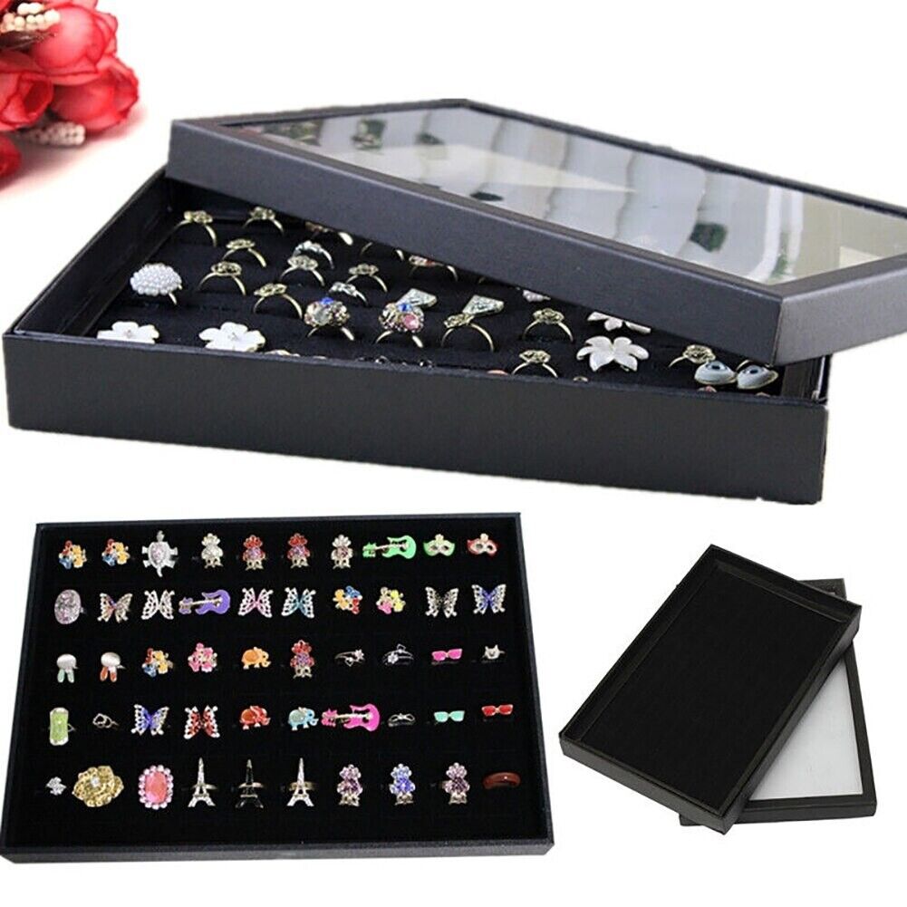 100 Slots Jewelry Ring Display Organizer Tray with transparent cover, showcasing rings and earrings in an elegant black design.