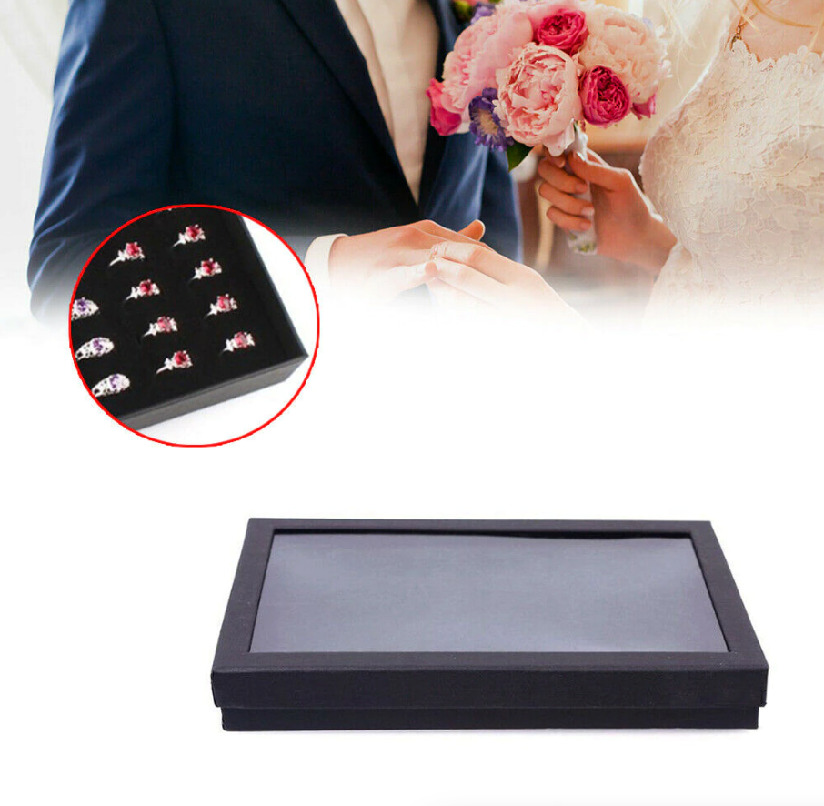 100 Slots Jewelry Ring Display Organizer Tray with transparent cover, showcasing rings and earrings in an elegant black design.