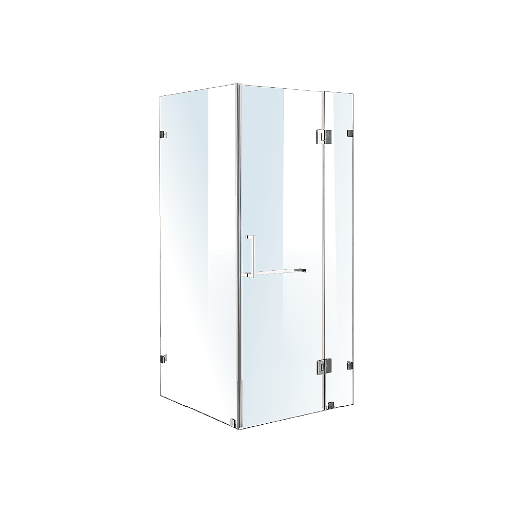 Della Francesca 1000 x 700mm Frameless 10mm Glass Shower Screen with chrome hinges and square handle, showcasing a modern bathroom design.