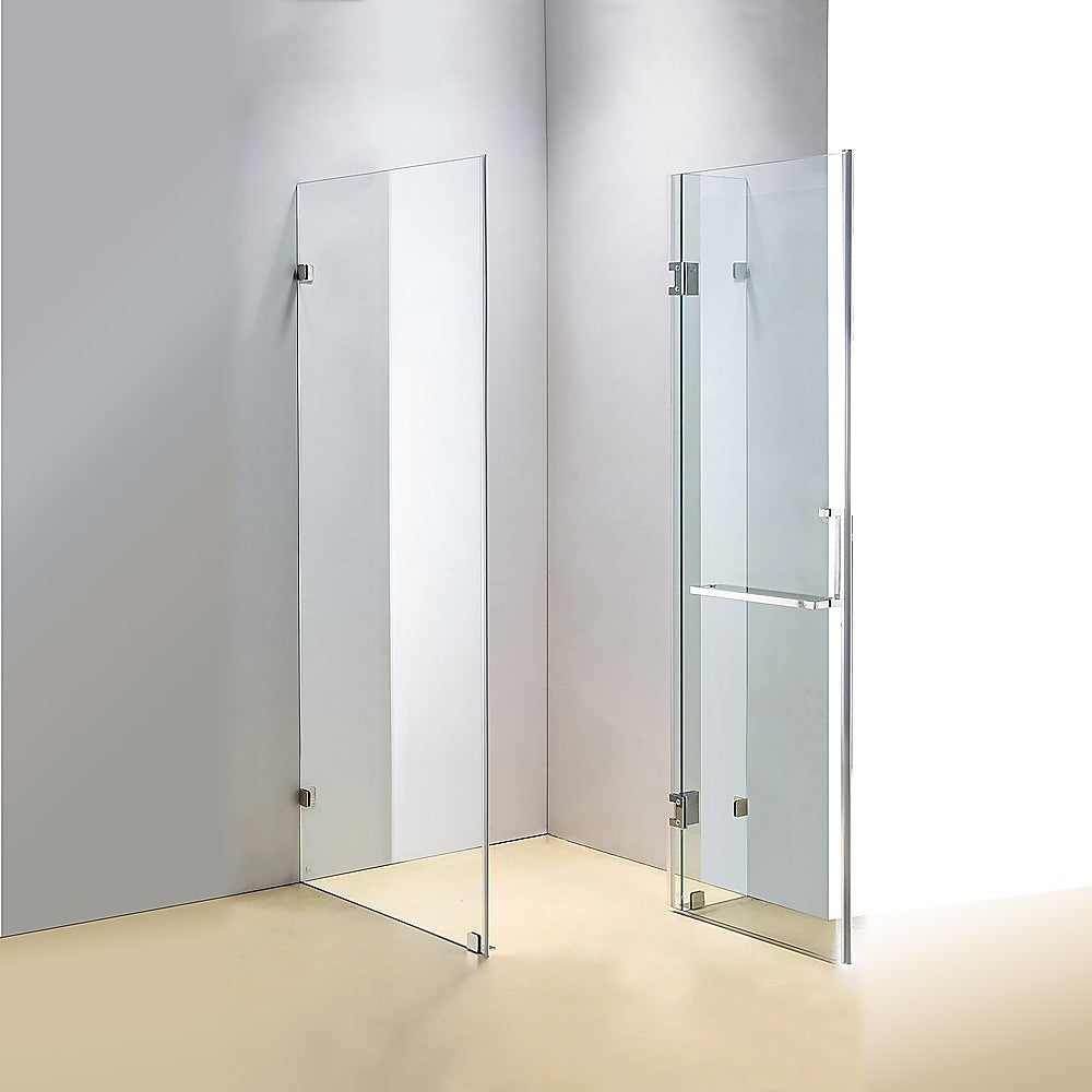 Della Francesca 1000 x 700mm Frameless 10mm Glass Shower Screen with chrome hinges and square handle, showcasing a modern bathroom design.