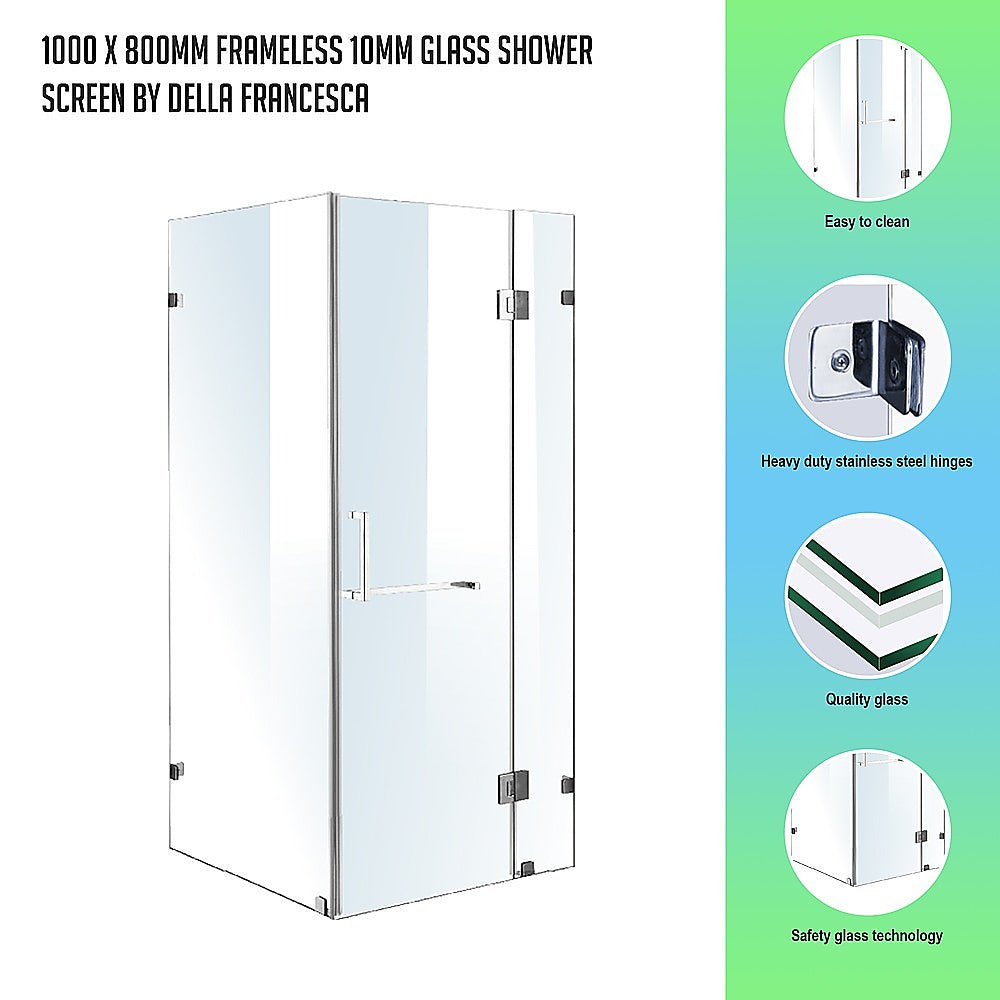 Della Francesca 1000 x 800mm frameless glass shower screen with chrome fittings, showcasing modern design and safety features.