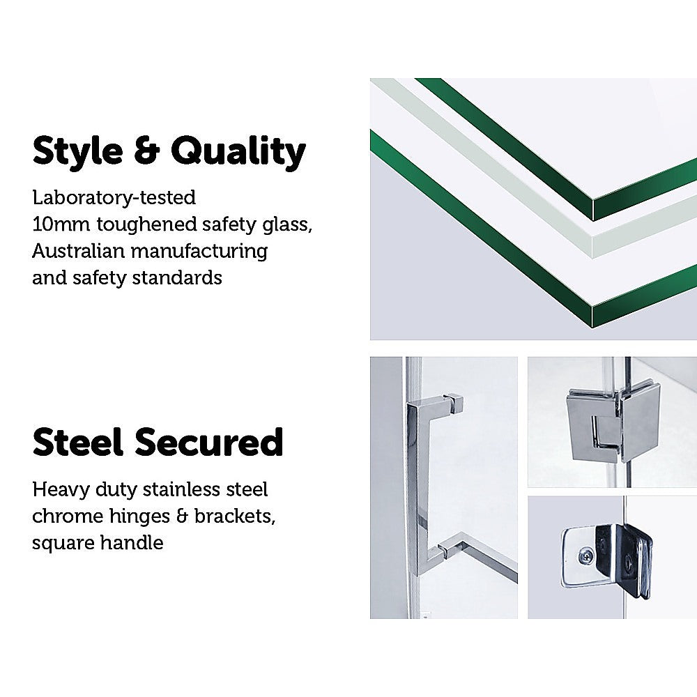 Della Francesca 1000 x 800mm frameless glass shower screen with chrome fittings, showcasing modern design and safety features.