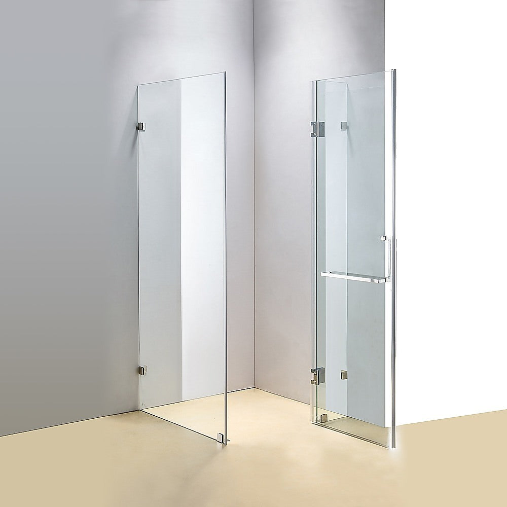 Della Francesca 1000 x 800mm frameless glass shower screen with chrome fittings, showcasing modern design and safety features.