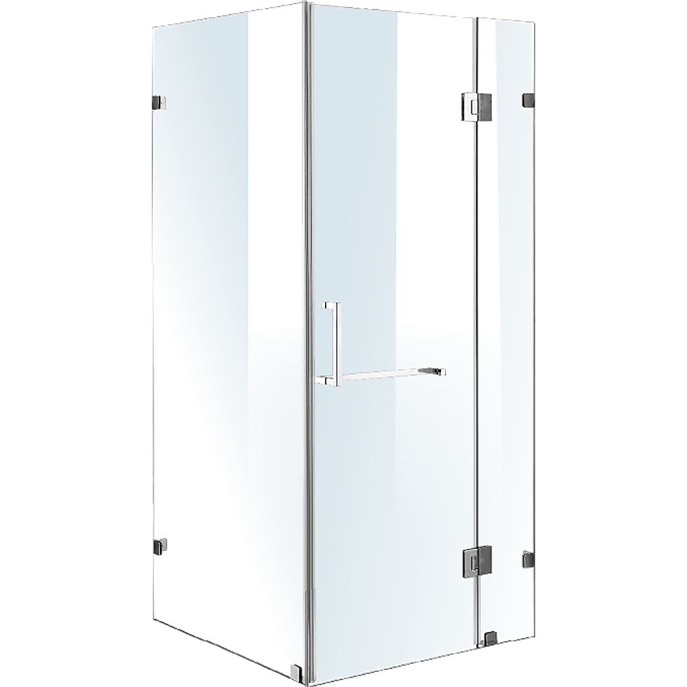 Della Francesca 1000 x 900mm frameless glass shower screen with chrome fittings, showcasing a modern and elegant design.