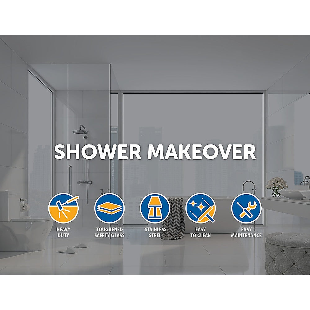 Della Francesca 1000 x 900mm frameless glass shower screen with chrome fittings, showcasing a modern and elegant design.