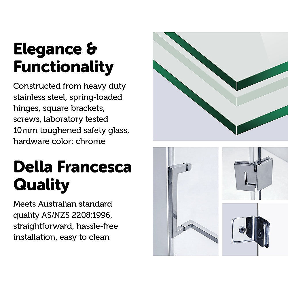 Della Francesca 1000 x 900mm frameless glass shower screen with chrome fittings, showcasing a modern and elegant design.