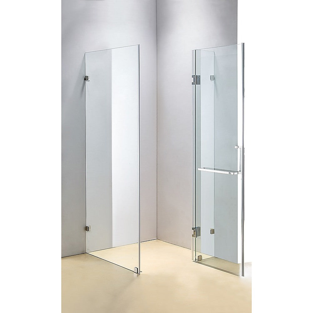 Della Francesca 1000 x 900mm frameless glass shower screen with chrome fittings, showcasing a modern and elegant design.