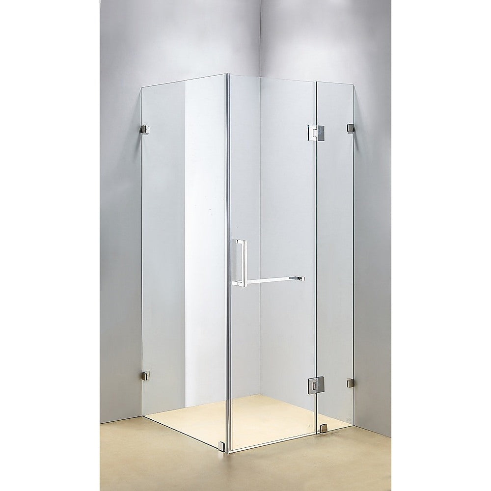 Della Francesca 1000 x 900mm frameless glass shower screen with chrome fittings, showcasing a modern and elegant design.