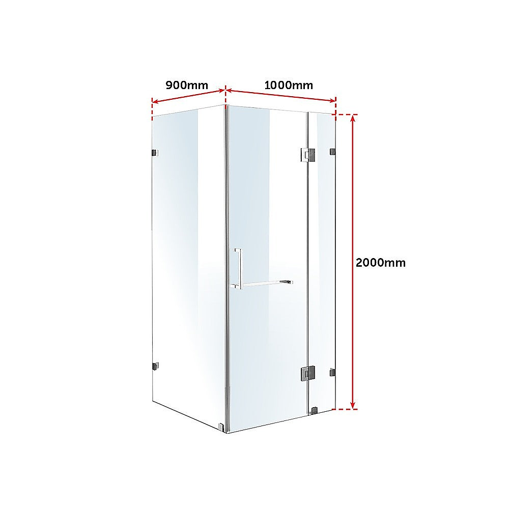 Della Francesca 1000 x 900mm frameless glass shower screen with chrome fittings, showcasing a modern and elegant design.