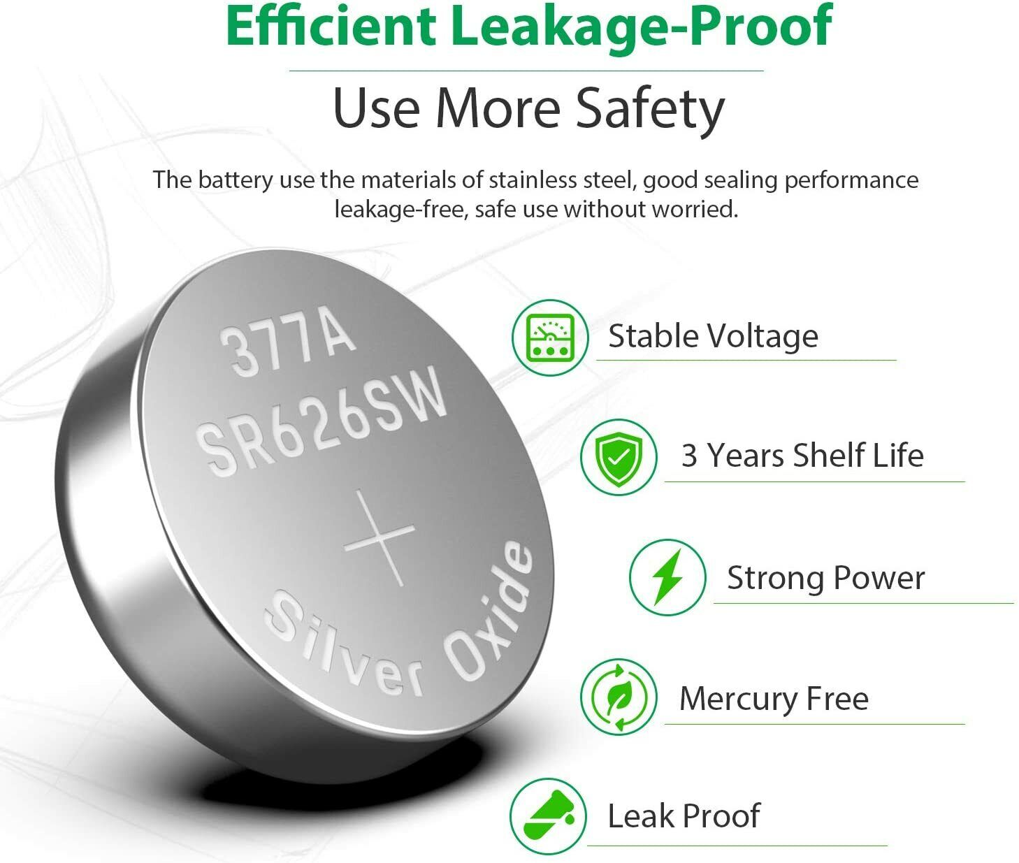 Pack of 10 OEM SPEC 377 watch batteries, silver oxide, suitable for various devices including watches and calculators.