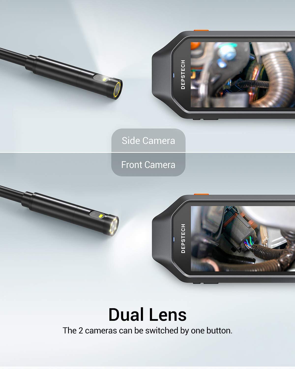 1080P Dual Lens Endoscope Camera with 4.3 inch IPS LCD and adjustable LED lights for inspections.