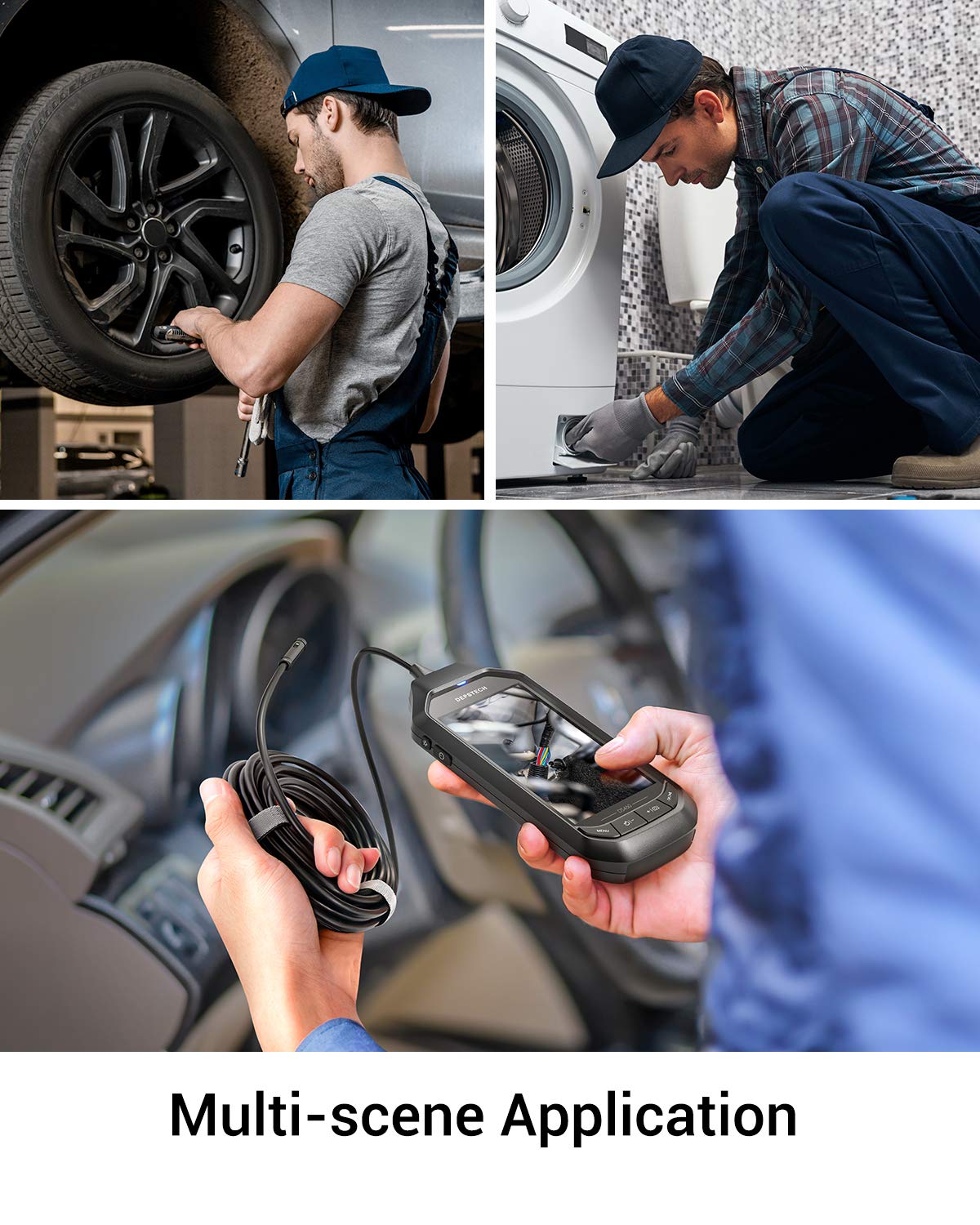 1080P Dual Lens Endoscope Camera with 4.3 inch IPS LCD and adjustable LED lights for inspections.